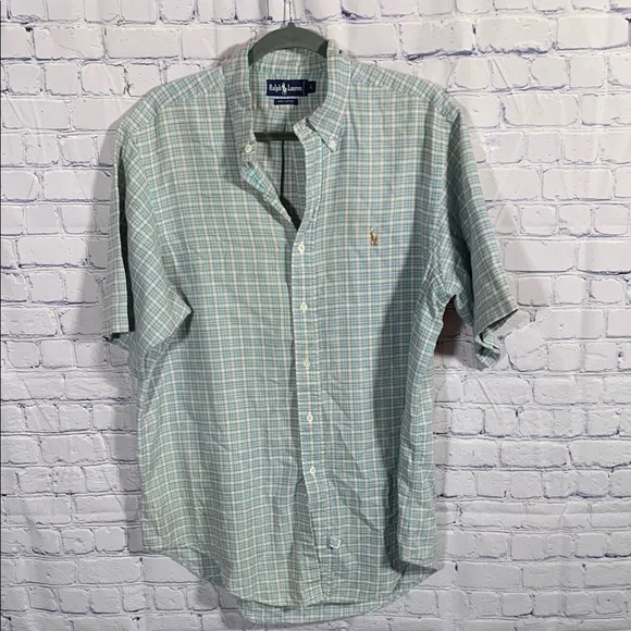 Ralph Lauren Mens Vintage Plaid Short Sleeve Button Down Shirt Green Blue Size L - Picture 1 of 5